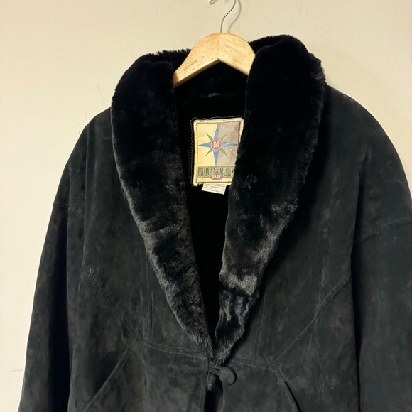 Vintage Black Suede Coat Whimsigoth Faux Fur Leather Jacket Womens Medium - Picture 2 of 9